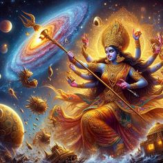 a painting of the hindu god in front of an image of planets and sunflowers