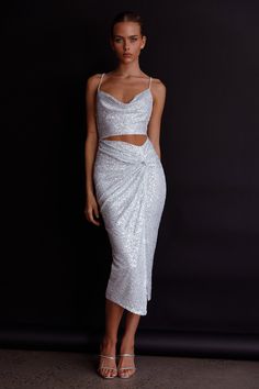 Shop the Miami Nights Cowl Neckline Twist Feature Midi Dress Sequin Silver | Selfie Leslie Miami Nights, Bridal Wardrobe, Miami Night, Statement Heels, Silver Sequin Dress, Selfie Leslie, Yellow Bridesmaids, Dress Sequin, Blue Bridesmaids