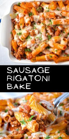 sausage rigatoni bake in a white casserole dish