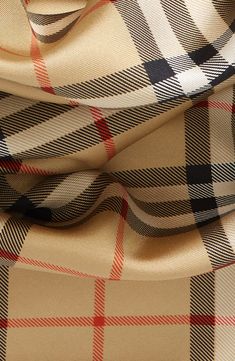 The twill weave adds perfectly placed texture to the screenprinted Burberry check patterning on this square silk scarf. 35" square 100% silk Dry clean Made in Italy Burberry Shawl Wraps, Burberry Pattern, Chanel Scarf, Silk Twill Scarf, Square Silk Scarf, Burberry Women, Twill Weave, Plaid Fabric, Sand Color