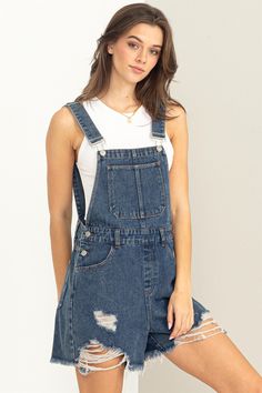 Distressed denim overall shorts Denim Overall Shorts, Denim Overalls Shorts, Back Patch, Denim Overalls, Cut Off Shorts, Light Denim, Overall Shorts, Distressed Denim, Casual Looks