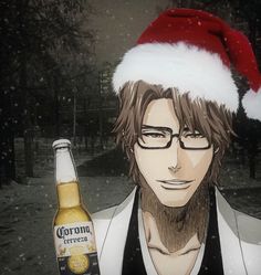 a man with glasses and a santa hat holding a beer