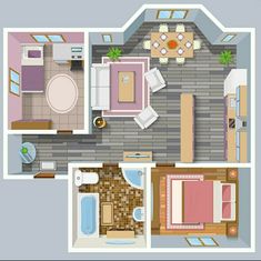 an overhead view of a house from above with furniture in the living room and bedroom