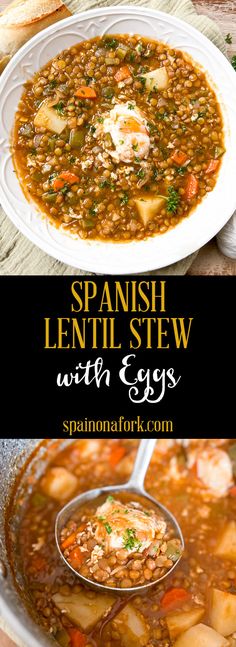 spanish lentil stew with eggs in a white bowl