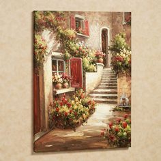 an oil painting of a house with flowers on the steps