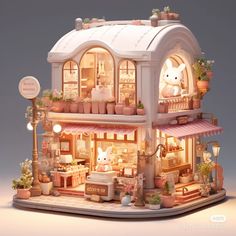 a doll house with an animal in the window and potted plants on the roof