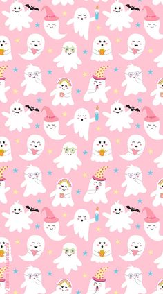 a pink background with white cats and stars