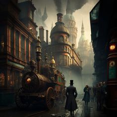 a man in top hat and coat walking down a street next to a steam engine