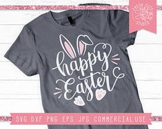 an easter svg file with the words happy easter and bunny ears in pink on it