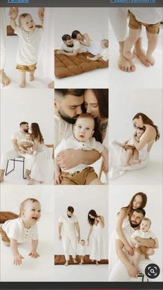 a collage of photos with people and babys in white outfits, all holding each other