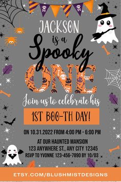 halloween party flyer with pumpkins, bats and witch hats on it's side