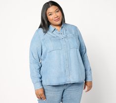 Week after week, this elegant snap-front Dorian shirt gets major mileage as a go-to capsule piece -- layered over a silky cami, paired with Jennie's Dune skirt, or consciously coupled with denim (for some jean-on-jean vibes). In 100% lyocell, it's a silky-soft, comfortable companion that's easy to make your own -- and take on the road! From Me by Jennie Garth. Medium Wash Tops For Spring Layering, Shirt With Pockets For Layering In Spring, Spring Layering Denim Tops, Denim Tops For Layering, Light Wash Button-up Blouse For Fall, Light Wash Relaxed Fit Blouse For Fall, Trendy Relaxed Fit Denim Top For Work, Fall Workwear Medium Wash Shirt, Chic Medium Wash Blouse With Relaxed Fit