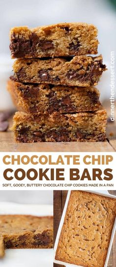 chocolate chip cookie bars stacked on top of each other with the words, chocolate chip cookie bars