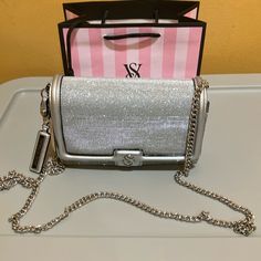 Victoria’s Secret Convertible Mini Silver 23”Silver Drop Chain Strap 6 1/2”L X2 3:8”D X 4” H 1 Interior Zip Pocket Can Be Worn 3 Ways Crossbody, Shoulder Bag Or Clutch Victoria Secret Backpack, Micro Bag, Denim Purse, Silver Bags, Gold Link Chain, Victoria Secret Bags, Blue Backpack, Mini Handbags, Evening Clutch Bag