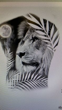 a black and white photo of a lion with leaves on it's head, in front of a full moon