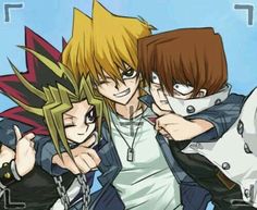 three anime characters are posing together for a photo with their arms around each other and one has his arm around the other's neck