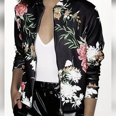 This Stylish Floral-Print, Zip-Up Jacket Will Add A Pop Of Color To Your Outfit! It Is 100% Polyester Which Makes It Perfect For The Spring And Fall Seasons And Ideal For Layering. It Is A Size M(6) And The Pit-To-Pit Measurement Is 19.5"; Length Is 24". Can Be Dressed Up Or Down For Any Occasion. Nwt Chic Pink Floral Print Outerwear, Chic Black Floral Print Outerwear, Trendy Floral Print Outerwear For Work, Pink Floral Print Casual Outerwear, Casual Pink Floral Print Outerwear, Casual Black Floral Print Outerwear, Black Floral Print Casual Outerwear, Black Casual Outerwear With Floral Print, Black Long Sleeve Outerwear With Floral Print