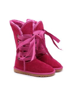 Fuchsia Tie Up Boots, Pink Suede Boots, Ribbon Laces, Shearling Boots, Beautiful Boots, Fuchsia Color, Pink Suede, Comfortable Sandals, Cozy Fashion