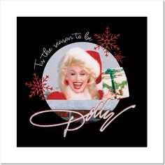 dolly christmas card with an image of dolly holding a present in front of snowflakes