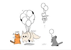 two cats are flying with balloons in the air and one cat is sitting on the ground