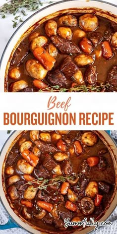 beef bourguignon recipe in a pot with the words beef bourgurignon on it