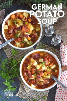 two bowls of german potato soup on a table