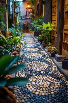 an alley way with potted plants on either side