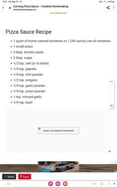 the pizza sauce recipe is displayed in this screenshote screen shot, and it appears to be on sale