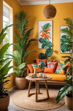 a living room filled with lots of plants next to a yellow wall and two pictures on the wall