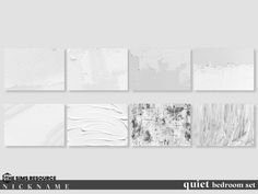 a set of six white abstract paintings on a gray background with the words quiet bedromet