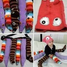 four different pictures of children's clothing and socks with eyes on them, one in the shape of a monster