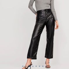 Vegan Cropped Leather Pants Black Medium Never Worn Straight Leg Pants For Night Out In Fall, Casual Black Straight Leather Pants, Black Straight Leg Leather Pants For Business Casual, Casual High Waist Leather Pants For Business, Business Casual Black Winter Bottoms, Black High-waisted Leather Pants For Spring, Black Leather High-waisted Pants For Spring, Trendy Black Pants For Fall, Spring Black High-waisted Leather Pants