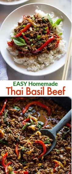 an easy homemade thai beef dish with rice and peppers