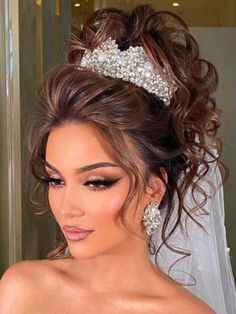 Vail And Tiara Bridal Hair, Vail Wedding Hairstyles, Updo With Veil, Winter Wedding Hairstyles, Hairstyles With Veil, Wedding Hairstyles With Crown, Wedding Tiara Hairstyles