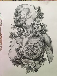 a drawing of a man's head with flowers and leaves on his chest, in front of a tree