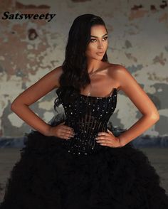 Black Luxury Fluffy Prom Dresses Sleeveless High Split Tulle Ruffles Crystals Shiny Women Long Md Dresses, Long Gowns, Strapless Evening Dress, Detachable Train, Soiree Dress, Classy Prom Dresses, Sequin Dresses, Long Prom Gowns, Evening Party Gowns