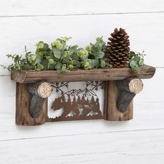 a wooden shelf with some plants and pine cones on top of it in front of a white wall