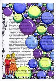 two children are standing in front of an open book with bubbles on the pages and words below