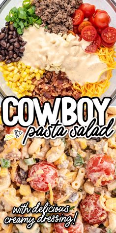 Overhead shot of Cowboy Pasta Salad in a bowl. Pasta Side Dishes Easy, Protein Pasta Salad, Taco Pasta Salad, Ranch Pasta Salad, Ground Beef Recipes Healthy