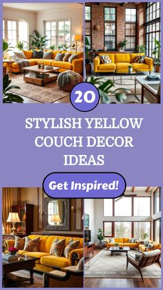 Collage of stylish living rooms featuring yellow couches with various decor ideas. Living Room With Mustard Sofa, Yellow Couch Decor, Mustard Sofa Living Room Ideas, Yellow Couch Living Room, Yellow Couch Living Room Ideas, Yellow Couch Pillows, Mustard Living Room, Couch Decor Ideas, Stylish Cushions