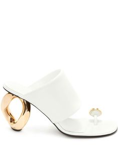 ivory white lambskin rhinestone embellishment chain-link detailing open toe slip-on style branded heel counter high heel White Sandals Heels, Sandals White, Holiday Wear, J W Anderson, Jw Anderson, Ivory White, Heel Sandals, Lambskin Leather, High Heel Sandals