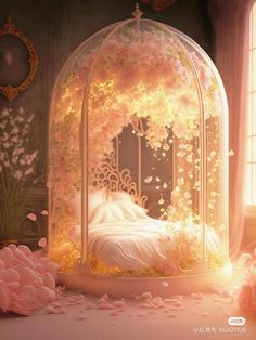 a white bed in a glass dome with flowers around it and pink petals on the floor