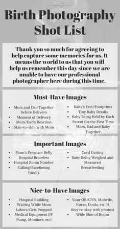 the birth photography shot list is shown