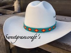 ALL ITEMS ARE MADE TO ORDER AND DONE IN ORDER OF PURCHASE  This is a eye catching turquoise green diamond hatband  Combining turquoise green opaque beads with red, yellow, orange seed beads set in a which will look great on any colour of hat This beaded cowboy hat band measures approx 21 1/4" inches long 7/8" inch wide, this is easily adjustable with turquoise suede ties in the back. I am First Nation, Plains Cree so you are buying authentic items made by myself in a smoke and pet free home Beaded Cowboy Hat, Cowboy Hat Band, Cowboy Hat Bands, Beaded Hat Bands, Chapeau Cowboy, Vert Turquoise, Beaded Hat, Western Hat, Rodeo Fashion