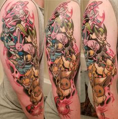 this is an image of a man with tattoos on his arm and shoulder that has pokemon characters all over it