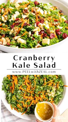 cranberry kale salad in a white bowl with orange and green toppings