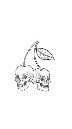 two skulls with leaves on their heads are depicted in this black and white drawing by hand