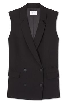 Classic blazer detailing brings timeless appeal to this double-breasted waistcoat that serves as a versatile cool-weather layering piece. Double-breasted button closure Notched lapels Front flap pockets; welt ticket pocket Lined 66% polyester, 29% viscose, 5% elastane Dry clean Imported Tailored Vest With Button Closure For Workwear, Tailored Vest With Suit Collar For Work, Sleeveless Business Outerwear With Button Closure, Business Vest With Button Closure For Fall, Notch Lapel Vest With Button Closure For Office, Chic Black Double-breasted Suit, Fall Business Vest With Button Closure, Office Vest With Notch Lapel And Button Closure, Tailored Workwear Vest With Buttons