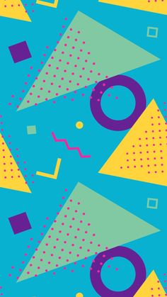 an image of abstract shapes on a blue and yellow background with circles, triangles, and dots