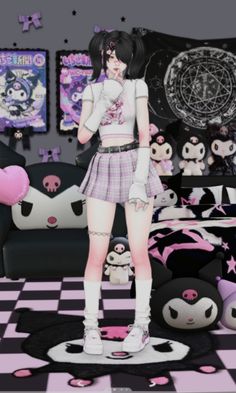 a girl standing in front of a black and white checkered floor with pink accents